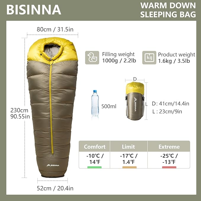 BISINNA Down Mummy Sleeping Bag for Adults 650FP Cold Weather Sleeping Bag 4 Season Compact Sleeping Bag with Compression Sack for Backpacking Camping Outdoor Hiking