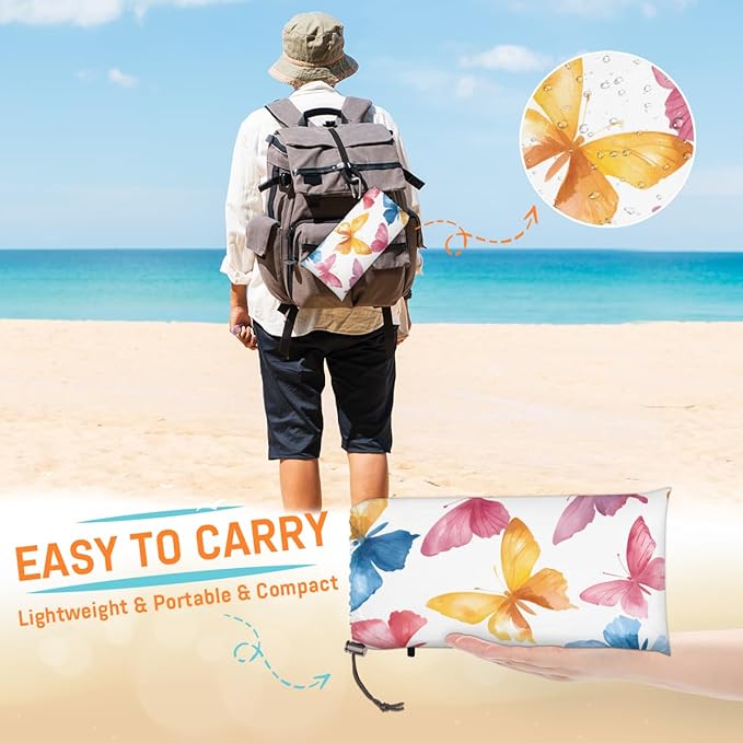 Waterproof Sandproof Beach Blanket 59''×68'' Colored Animals Butterflies Polyester Outdoor Picnic Blanket with 4 Stakes &amp Storage Bag for BeachCampingVacation