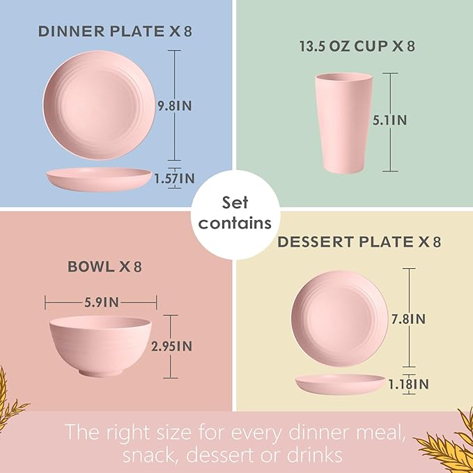 Teivio 32-Piece Kitchen Plastic Wheat Straw Dinnerware Set Service for 8 Dinner Plates Dessert Plate Cereal Bowls Cups Unbreakable Colorful Plastic Outdoor Camping Dishes Pink