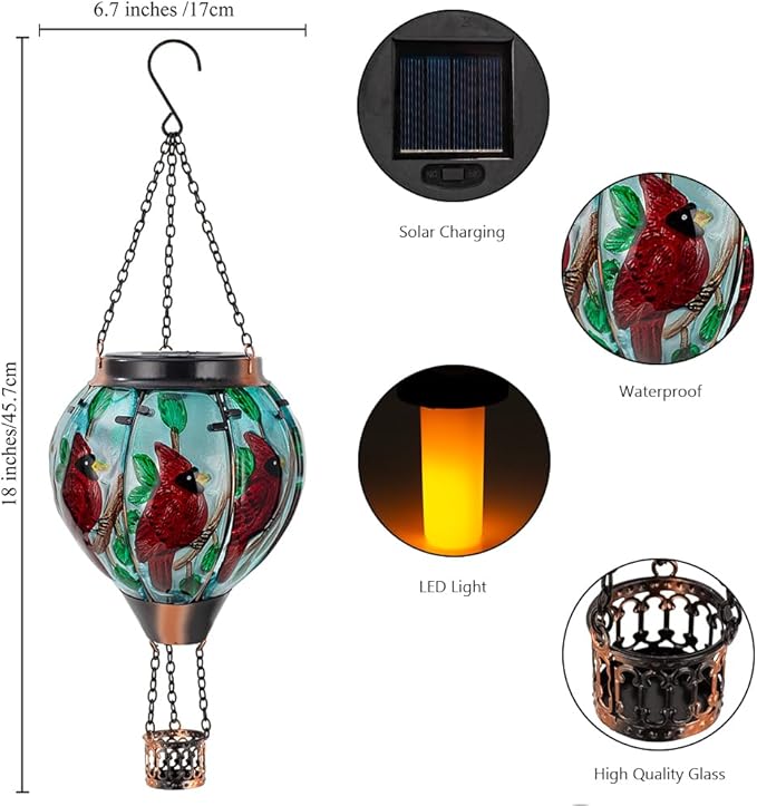 2 PCS Cardinal Hot Air Balloon Solar Lantern with Flickering Flame LightGlass Hanging Solar Lights Outdoor Waterproof for Patio Yard Party Gift Decor