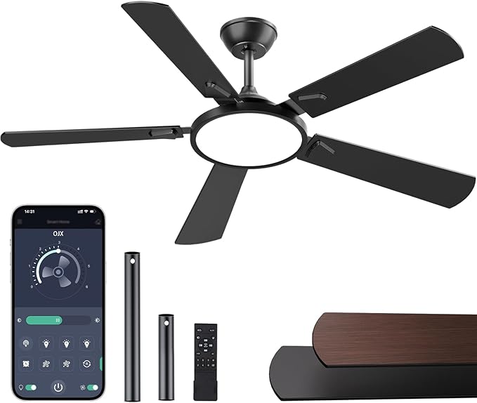 OJX Ceiling Fans with Lights 52 inch Ceiling fan with Light and Remote/APP Control 3CCT Quiet DC Reversible Dimmable Modern Ceiling Fan for Bedroom Living Room Kitchen Indoor/Outdoor Use