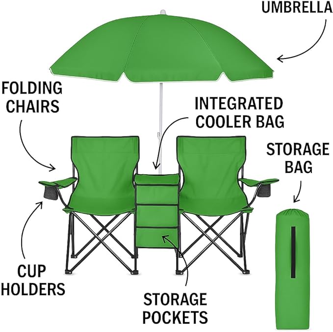GoTEAM! Portable 2-Seat Folding Camp Chair with Cooler Umbrella &amp Cup Holders – Outdoor Picnic Beach or Tailgate Seating – Carry Case Included