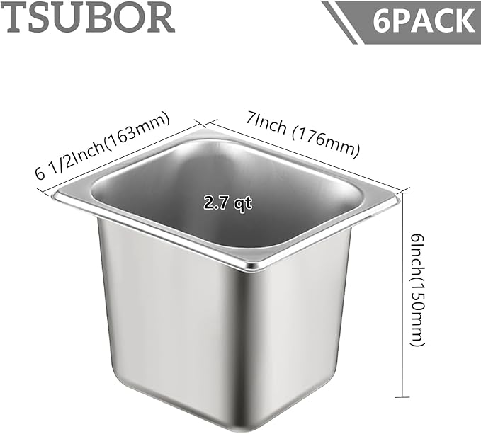 6 Set Stainless Steel Hotel Pans 1/6 Size 6 Inch Deep With Lids Anti-Jam Chafing Steam Table Pans Catering Food Storage Metal Pan