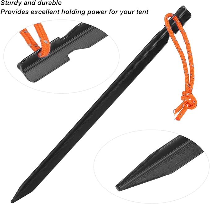 20pcs Tent Stakes 7075 Camping Aluminum Alloy 9in Tent Pegs Heavy Duty Tent Peg with Ropes for Outdoor Camping Canopy(Black)