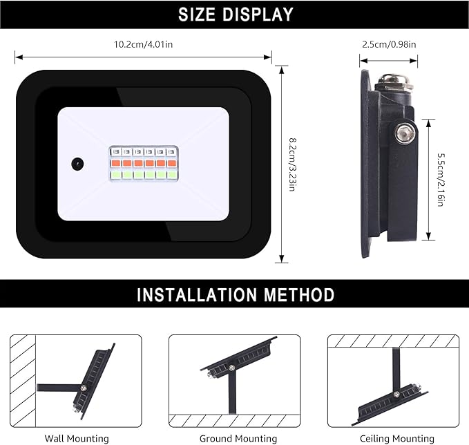 MIWAT 20W 2Pack LED Flood Light with Power Cord for Garden Lighting 4x3 inch IP68 Waterproof RGB Lamp with Remote for Landscape Lighting (Black Shell)