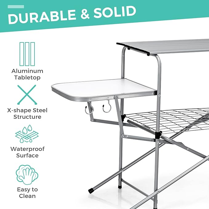 Tangkula Folding Grill Table Aluminum Camping Kitchen Table with Cook Station Hooks Portable Camp Cook Table with Storage Organizer Shelves Carrying Bag Ideal for Picnic BBQ Party Outdoor