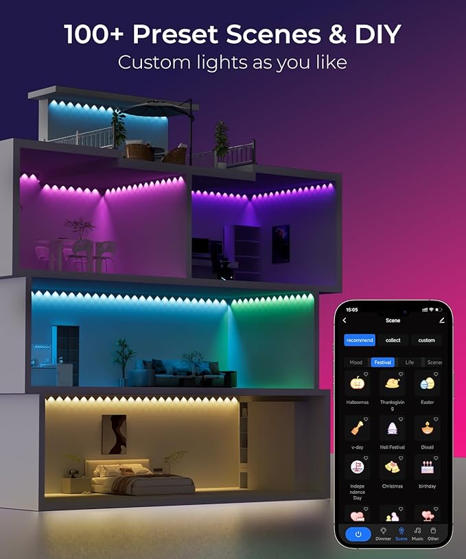 Smart RGBW+IC String Downlights 20ft with 30 LED String Lights 111 Scene Modes Music Sync Color Changing Indoor Wall Light Fixture for Party Christmas Birthday APP/Voice/Remote Control