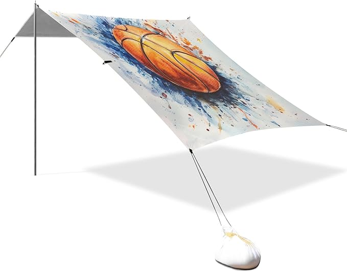 ALAZA Watercolor Basketball Beach Tent Sun Shelter UPF50+ Protection Beach Shade Canopy w/ 4 Sandbags for Outdoor Camping Fishing Backyard Fun Picnic 10x9 ft