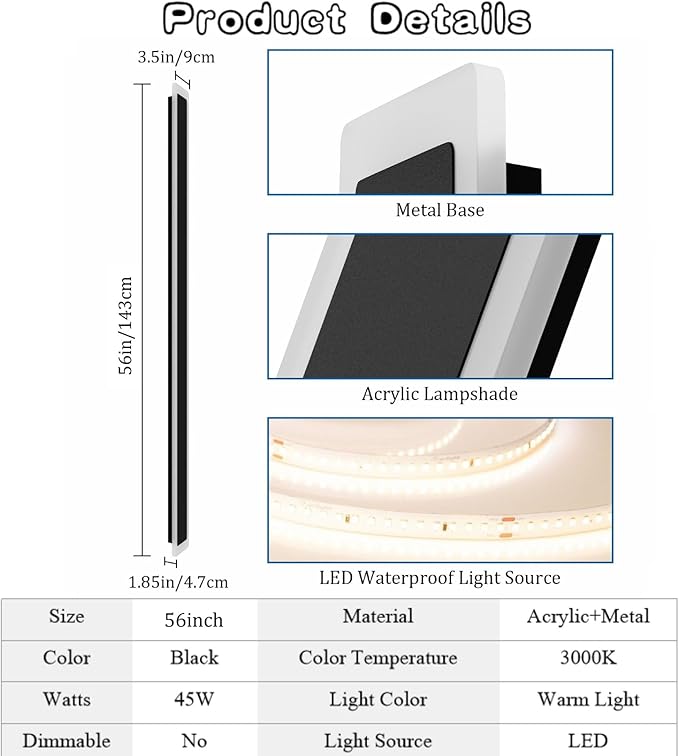 56In Long Outdoor Wall Light 4000K Dimmable IP65 Waterproof Linear Outdoor Light Modern Exterior Wall Lighting for Porch House