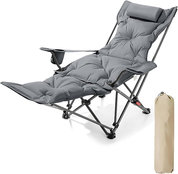 Folding Camping Chair with Armrests Portable Outdoor Lawn Chair with Detachable Headrest Lightweight Fishing Chair for Picnic Beach Lawn Balcony(GreyPadded Chair with Footstool)