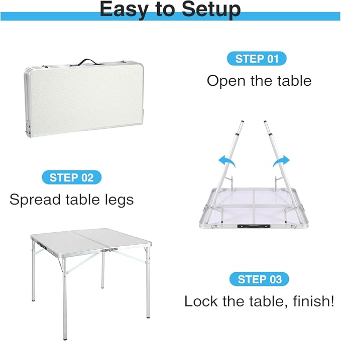 REDCAMP 32 Square Folding Camping Table with Adjustable Heights Legs Lightweight Portable Aluminum Fold in Half Small Card Tables Bridge Tables for Outdoor Picnic White