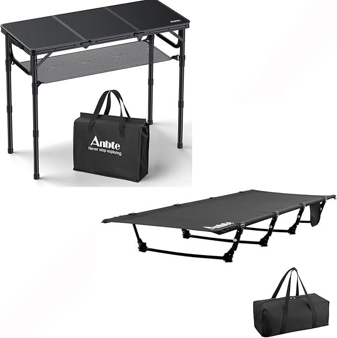 Anbte Folding Camping Table with Storage Net 3ft Camping Table Aluminum Folding Table &amp Ultralight Folding Camping Cot 275lbs Capacity Portable Camping Cot