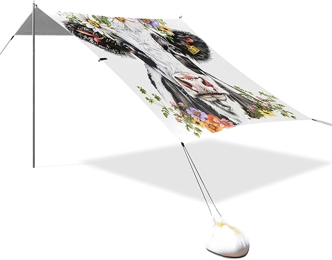 ALAZA Cow Daisy Flowers Beach Tent Sun Shelter UPF50+ Protection Beach Shade Canopy w/ 4 Sandbags for Outdoor Camping Fishing Backyard Fun Picnic 10x9 ft