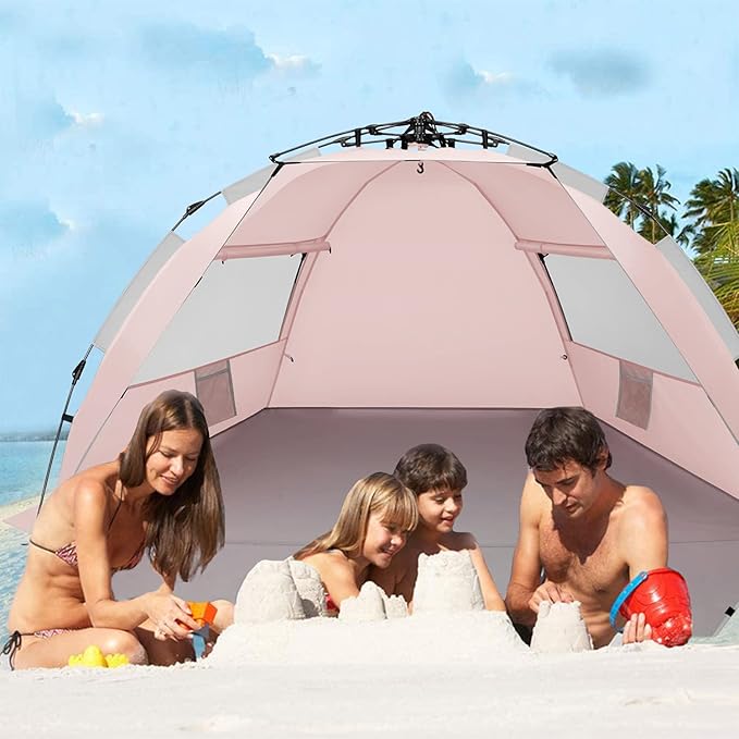 Oileus X-Large 4 Person Beach Tent Sun Shelter - Portable Sun Shade Instant Tent for Beach with Carrying Bag Stakes 6 Sand Pockets Anti UV for Fishing Hiking Camping Waterproof Windproof Pink