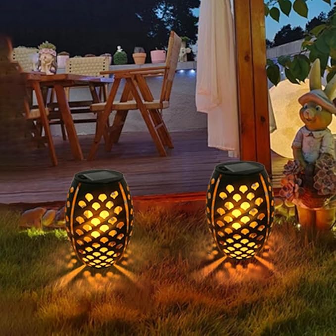2PCS Solar Table Lanterns with Flickering Flame Light Outdoor Waterproof Metal Desktop Decorative Lamp with Hollow Design for Tabletop Garden 7.3 H Black Shell