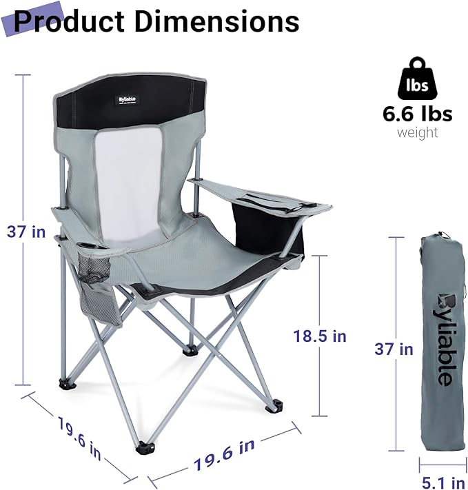 Camping Chairs Lawn Portable Foldable Camp Folding Lightweight Chair for Adults with Drink Holder and Cooler Pouch Outdoor for Camping Lawn Sports Picnic Music Festival Gray Black