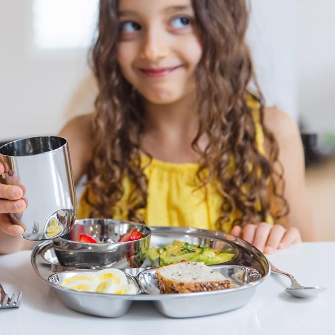 Ahimsa Stainless Steel Kids Plate Pediatrician Designed Divided Toddler &amp Baby Plates Non Toxic Unbreakable &amp Dishwasher Safe Polished