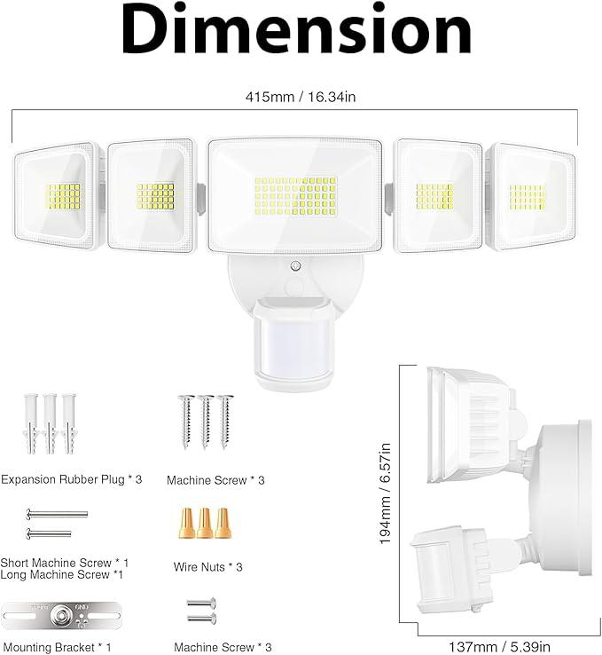 Onforu 120W 12000LM LED Security Lights Motion Sensor Outdoor Dusk to Dawn Flood Lighting 5 Heads 360° Wide Angle Illumination 6500K IP65 Waterproof Hardwired Floodlight Motion Detection (White)
