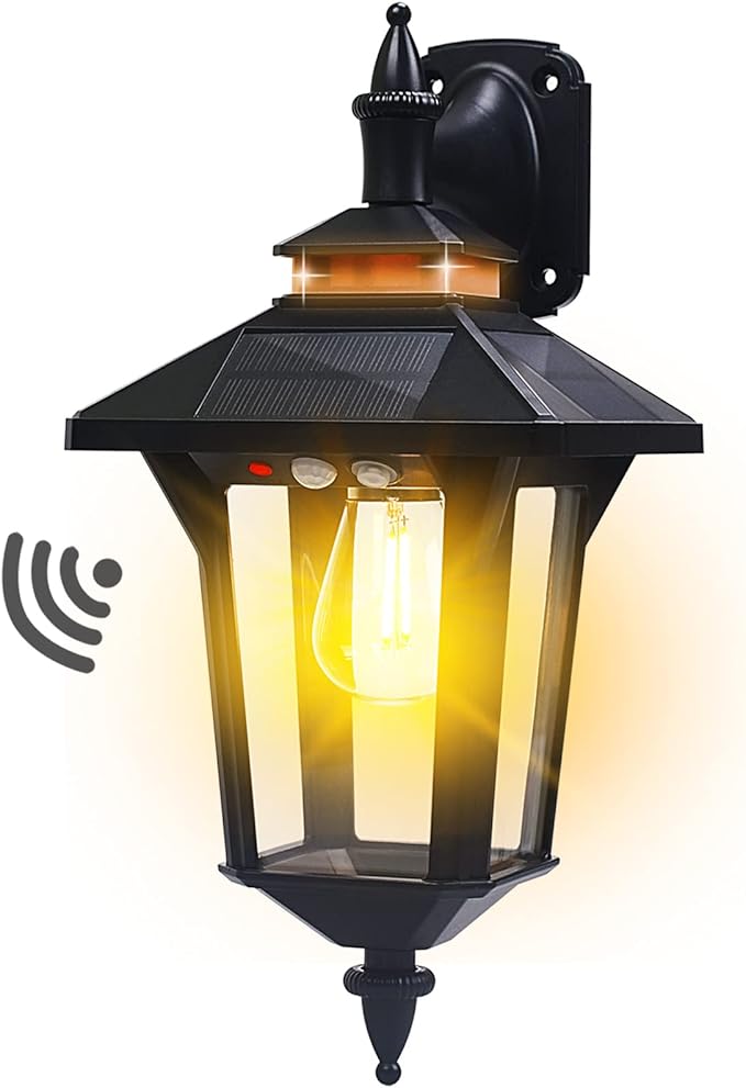 Solar Powered Wall Lantern Lights Outdoor with 3 Modes Motion Sensor Solar Wall Light Waterproof Dusk to Dawn LED Exterior Front Porch Lights Fixtures Wall Mount for Garage House Patio Doorway Yard