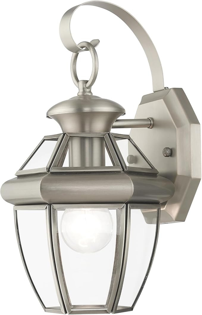 Livex Lighting 2051-91 Monterey 1 Light Outdoor Brushed Nickel Finish Solid Brass Wall Lantern with Clear Beveled Glass