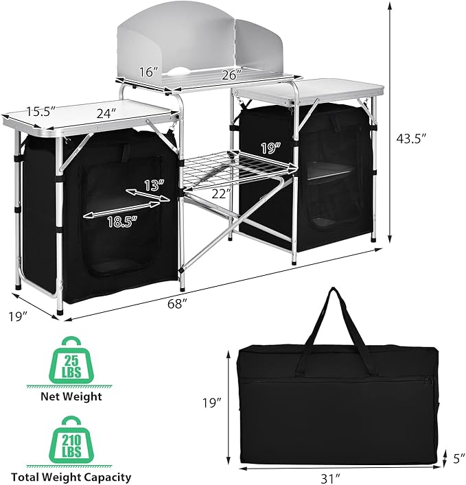 GYMAX Folding Camping Table Portable Kitchen Table with 2 Zipper Organizer Shelf &amp Wind Screen Foldable Cooking Table for Camping Hiking Picnic BBQ (Black)