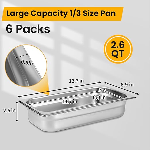 Aplancee 1/3 Hotel Pans 2.5 Inch Deep Stainless Steel Food Pan - Anti-Jam 6 Pack Steam Table Pan Set for Catering Buffet Use Kitchen Prep
