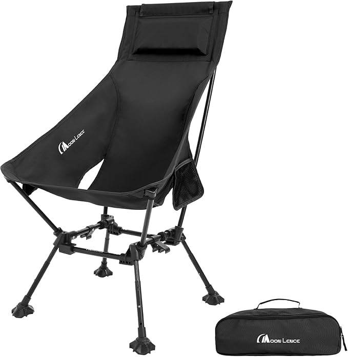 MOON LENCE Folding Portable High Back Camping Chairs for Adults Adjustable Oversize Lightweight for Beach Hunting Hiking Backpacking (Black with Anti-Sinking Feet)