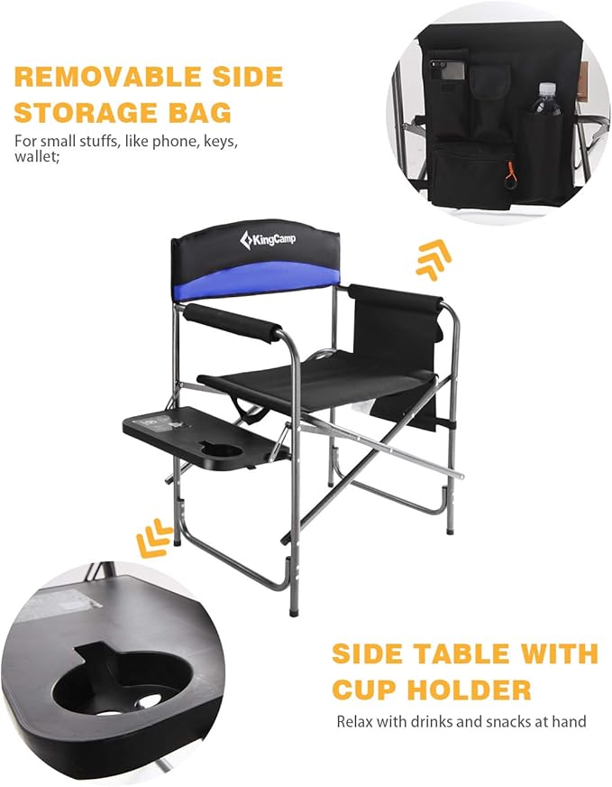 KingCamp Portable Camping Chair Folding Directors Chair Compact Outdoor Chair with Side Table Cup Holder for Beach Trip Tailgating Lawn Sports Backpacking Fishing Picnic Blue