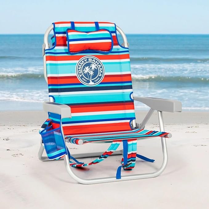 Tommy Bahama 5 Position Beach Chair Zippered Insulated Cargo Pouch Cup and Cell Phone Holders Towel Bar Pillow for Extra Comfort Heavy-Duty Weight Capacity 2-Pack (Red Stripes)