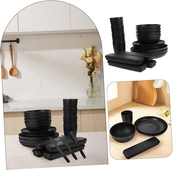 Alipis 4 Sets Box Cutlery Set Camping Dishes Utensils Noodle Bowl with Tableware Reusable Utensils with Case Portable Tableware Bento Bowl Food Bowl Party Dinnerware Bowl Plate Dinnerware Black