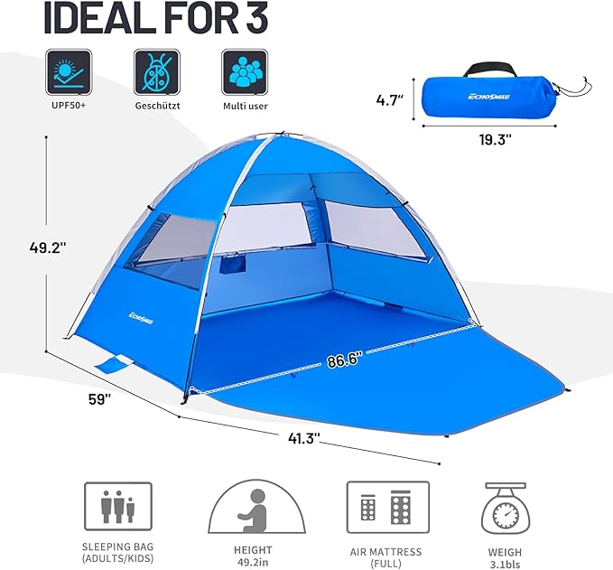 EchoSmile UPF 50+ Beach Tent Sun Shelter for 3/4 Person Portable Beach Cabana Tent