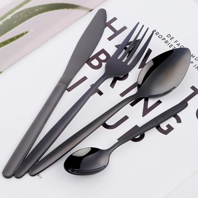 BuyGo Black Silverware Flatware Set 16-Piece Light Weight Stainless Steel Eating Utensil Service for 4 Include Knife Fork Spoon Dishwasher Safe