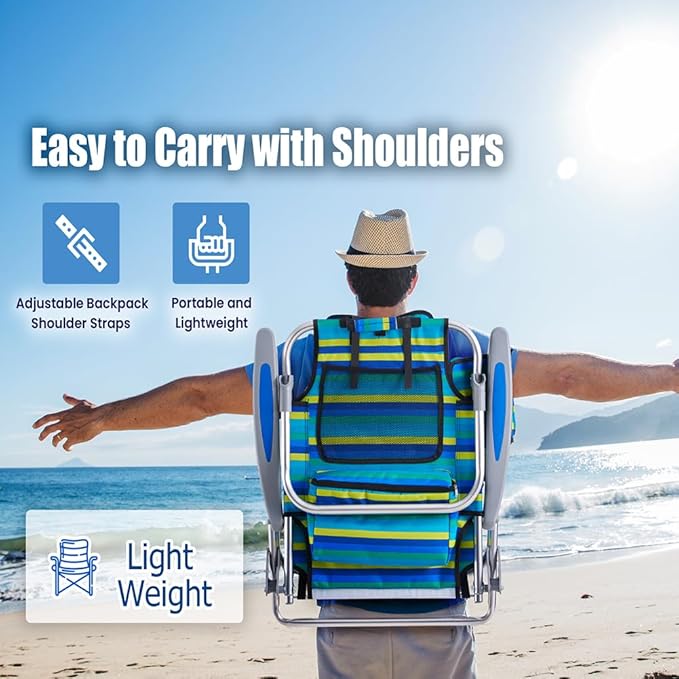 Portable Recliners Chair for Adults Outdoor Camping Chair Lay Flat Folding Backpack Reclining Chair with 5 Positions Headrest Zipper Pouch Cup Holder Multi Srtiped