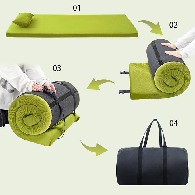 Sleeping Pad3-inch Thick Memory Foam Camping MattressPortable Roll-Up Mat for Car/Tent/Floor/Cot/TravelComfortable Pad for Guests Sleepover