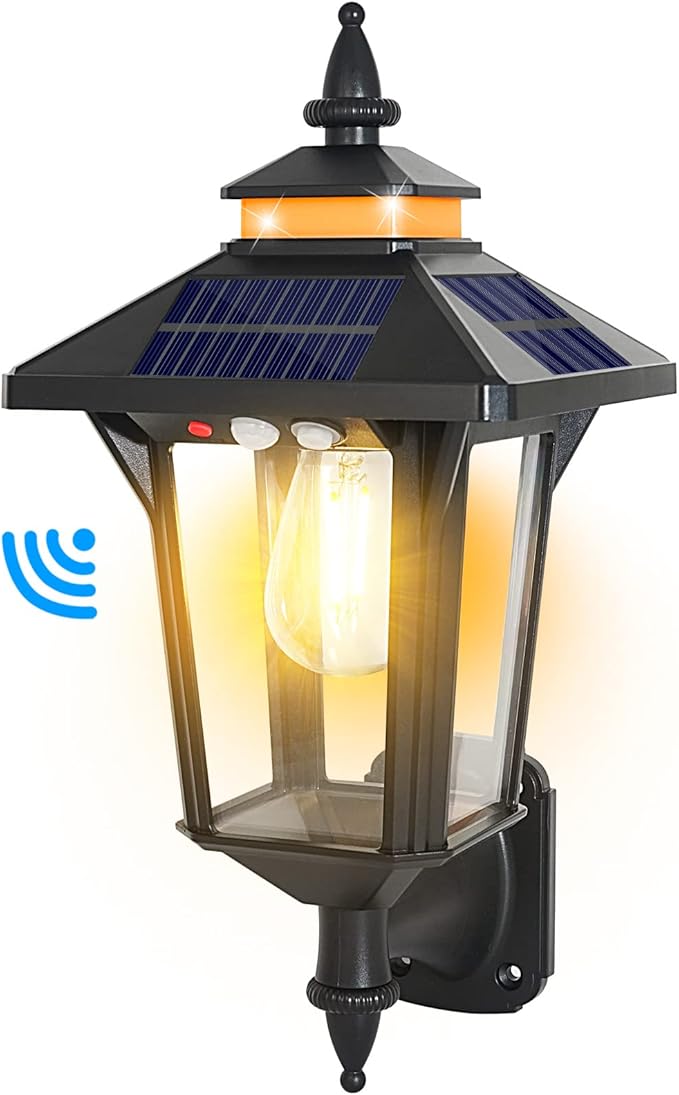 Solar Powered Wall Lantern Lights Outdoor with 3 Modes Motion Sensor Solar Wall Light Waterproof Dusk to Dawn LED Exterior Front Porch Lights Fixtures Wall Mount for Garage House Patio Doorway Yard