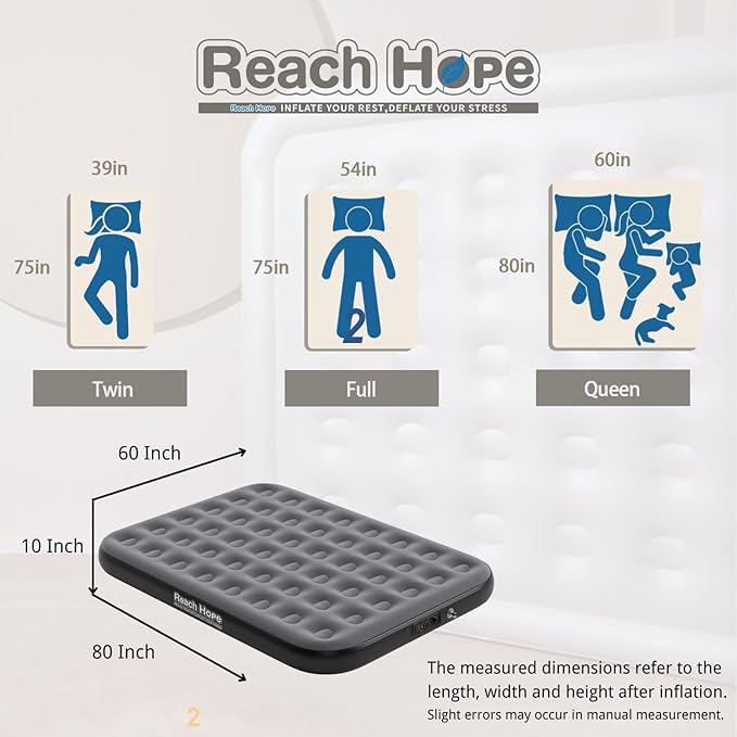 Air Mattress Queen with Built in Pump Heavy Duty Blow Up Mattress with Electric Pump Colchon Plug -in Self-Inflatable Air Bed for Home Guest and Rental House 10 inches Thick Gray.