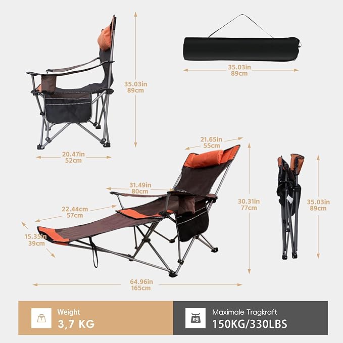 Reclining Camping Chair with Removable Footrest Adjustable Camping Lounge Beach Chair with Padded Headrest Cup Holder &amp Carry Bag Camp Chair with Foot Rest Lawn Chair for Outdoor Patio Orange
