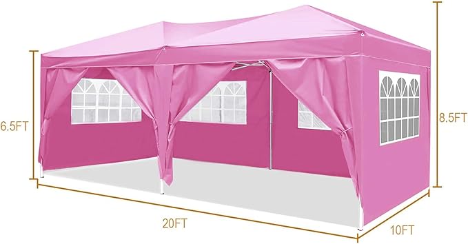 10x20 Pop Up Canopy Tent Heavy Duty with 6 Removable Sidewalls Water Resistant UV-Resistant Portable Outdoor Instant Event Shelter for Parties Weddings Camping Pink