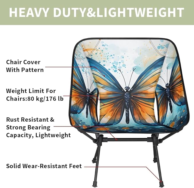 Portable Camping Chair Artistic Butterfly Ultralight Folding Camping Chair Gothic Butterfly Backpacking Hiking Chair with Cup Holder for Outdoor Travel Beach Picnic Festival 176 lbs Capacity