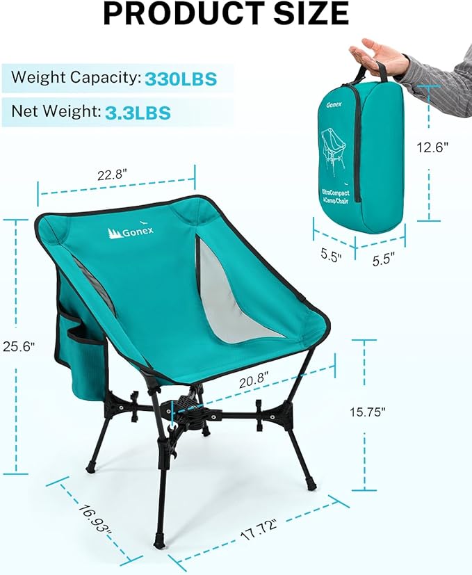 Gonex Portable Camping Chair The 5th Gen Ultralight Compact Backpacking Foldable Lightweight Folding Chair for Outdoor Camp Hiking Beach Picnic Concert Supports 330lbs (Lake Green 2 PCS)