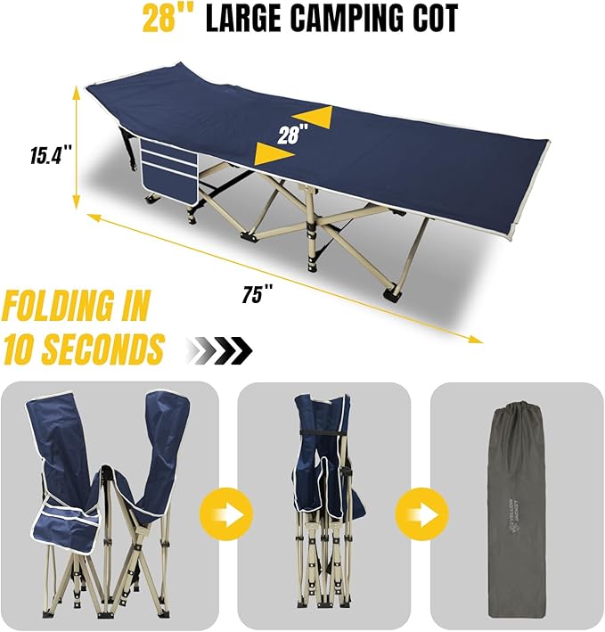 YELLOW JACKET Folding Camping Cot for Adults600LBS Max Load28 Wide Sleeping Cot with Removable Thick Mattress Portable Foldable Camping Bed with Carry Bag for CampHomeOfficeTravelBlue