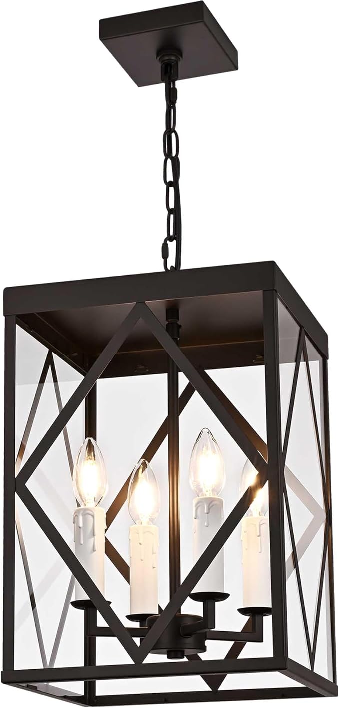Exterior Hanging Lantern Porch Pendant Lights with Clear Glass Oil Rubbed Brozne Outdoor Pendant Light Adjustable Outside Chandelier Ceiling Mount or Front Porch Entrance Patio Foyer 4 Light