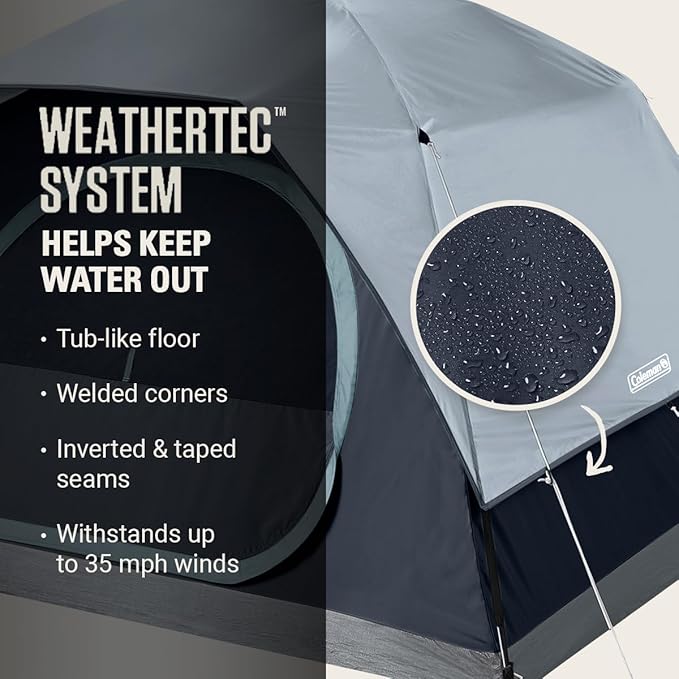 Coleman Skydome Tent with LED Lights &amp 5-Minute Setup Weatherproof 4-Person Tent with Overhead Lighting Made of PFAS-Free Materials