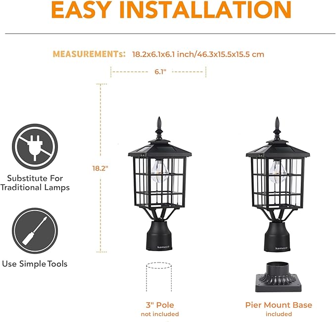 Kemeco ST4224Q-A Solar Post Light Outdoor Landscape Led Squared Frame Fixture with 3 Pier Mount Base for Garden Street Post Pole Yard Driveway Entryways (Black)