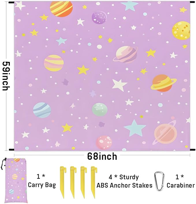 Waterproof Sandproof Beach Blanket 59''×68'' Romantic Starry Night Polyester Outdoor Picnic Blanket with 4 Stakes &amp Storage Bag for BeachCampingVacation Light Purple