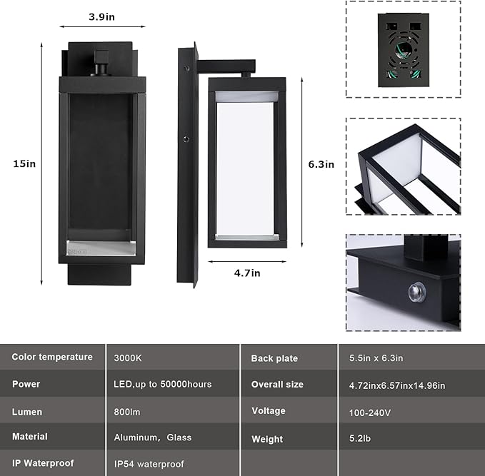 Dusk to Dawn Outdoor Wall Light 15 inch Exterior Light Fixture Wall Mount for House Front Porch LightAnti-Rust Aluminium Exterior Wall Sconce Lamp with Tempered Glass for Doorway Garage