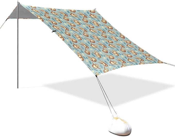 ALAZA Sloth Leaves Beach Tent Sun Shelter UPF50+ Protection Beach Shade Canopy w/ 4 Sandbags for Outdoor Camping Fishing Backyard Fun Picnic 10x9 ft