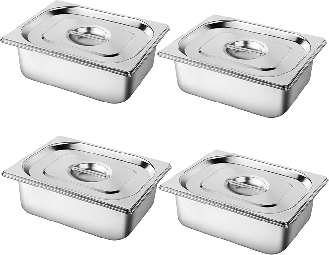 West Bay 4 Pack 1/2 Half Size Hotel Pan with Lids 4'' Deep Steam Table Pan with Lid 12.8''L x 10.4''W Stainless Steel Pans for Home Party Hotel Buffet