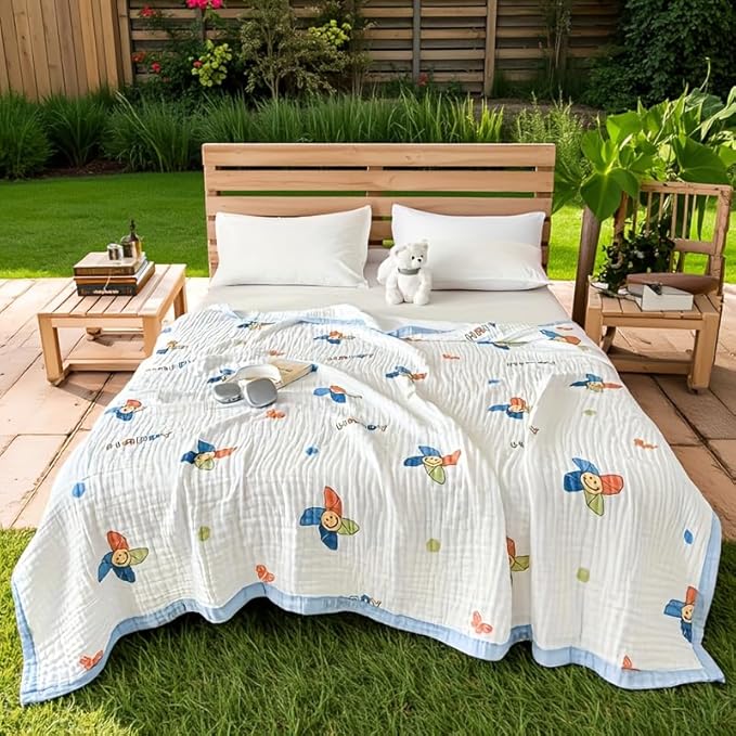 ITFRO Cooling 6 Layer Cotton Muslin Blanket For Hot Sleepers Twin Size 60x80 Inches Windmill Soft Breathable Lightweight Reversible Summer Gauze Blanket for Adults Sofa Bed Camping (Windmill 60x80)