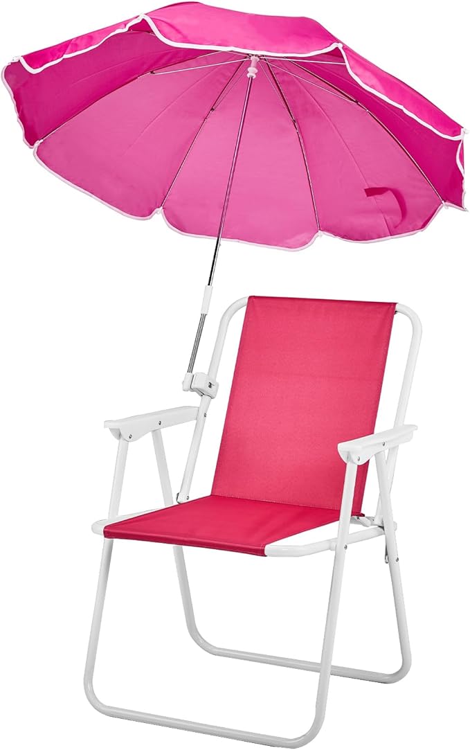 Folding Beach Chair with Umbrella – Portable Lightweight Lounge Chair for Adults with High Back &amp Heavy-Duty Frame UPF Sun Protection for Beach Camping Park Concerts (Pink)